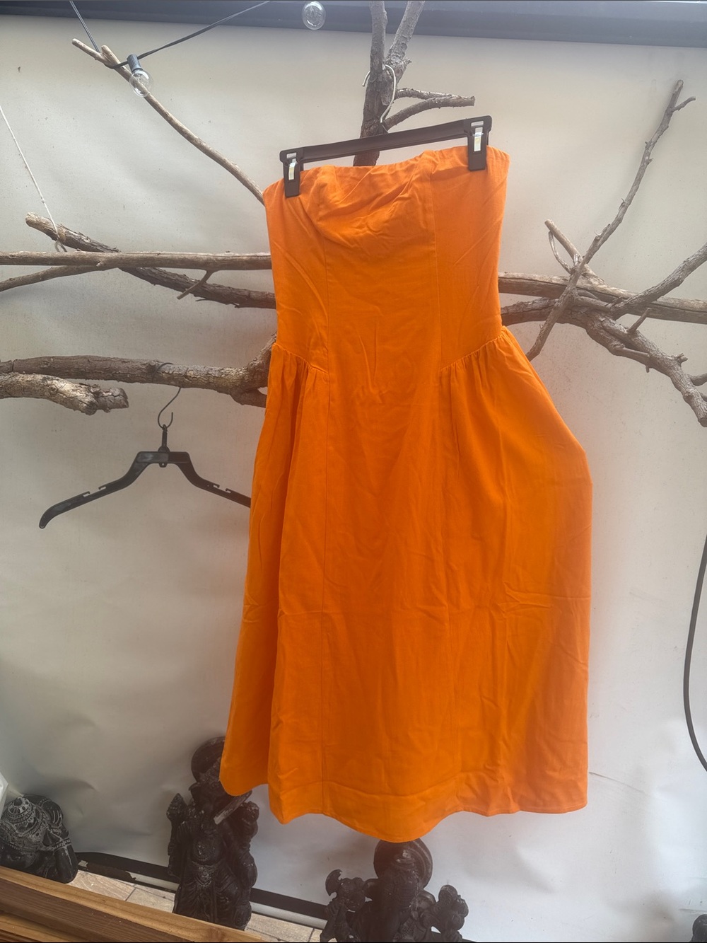 Wayf Bright Orange Strapless A-Line Midi Dress